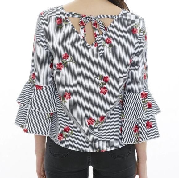 Pinstripe Floral Embroidered Blouse w/ Ruffles - Picture 3 of 5